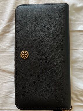 Tory Burch Black Saffiano Zip-Around Wallet with Gold Logo